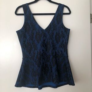 Avaleigh blue peplum top with black lace details